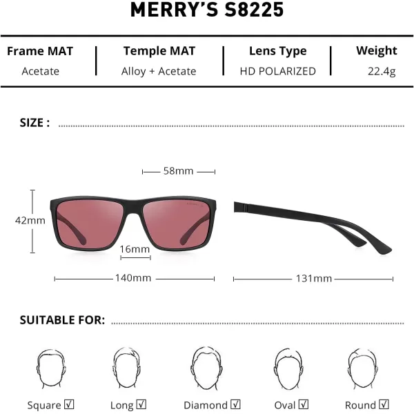 MERRYS Rectangular Polarized Sports Sunglasses for Men Women Cycling Driving Fishing UV400 Protection S8225Matte Black FrameBlack MetalRed Lens