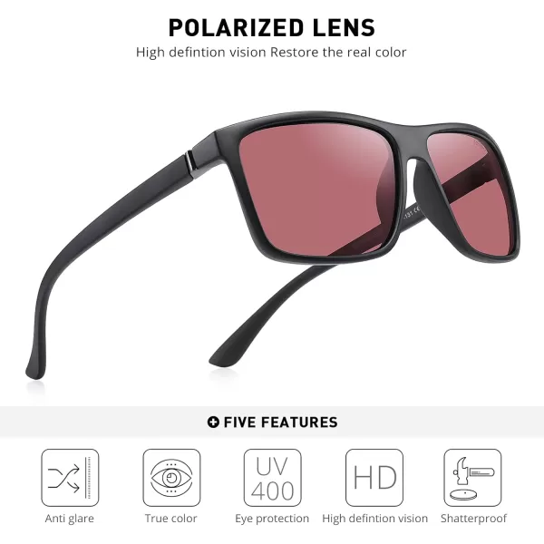 MERRYS Rectangular Polarized Sports Sunglasses for Men Women Cycling Driving Fishing UV400 Protection S8225Matte Black FrameBlack MetalRed Lens