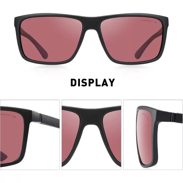 MERRYS Rectangular Polarized Sports Sunglasses for Men Women Cycling Driving Fishing UV400 Protection S8225Matte Black FrameBlack MetalRed Lens