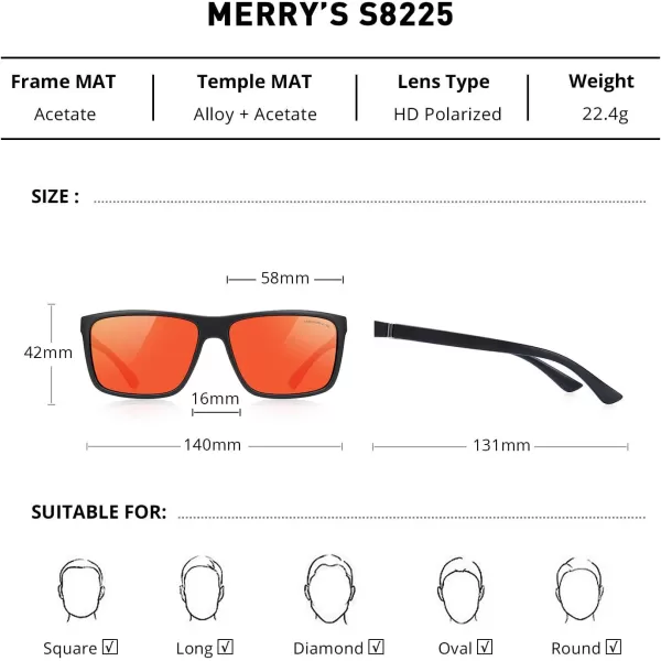 MERRYS Rectangular Polarized Sports Sunglasses for Men Women Cycling Driving Fishing UV400 Protection S8225Matte Black FrameBlack MetalRed Mirror Lens