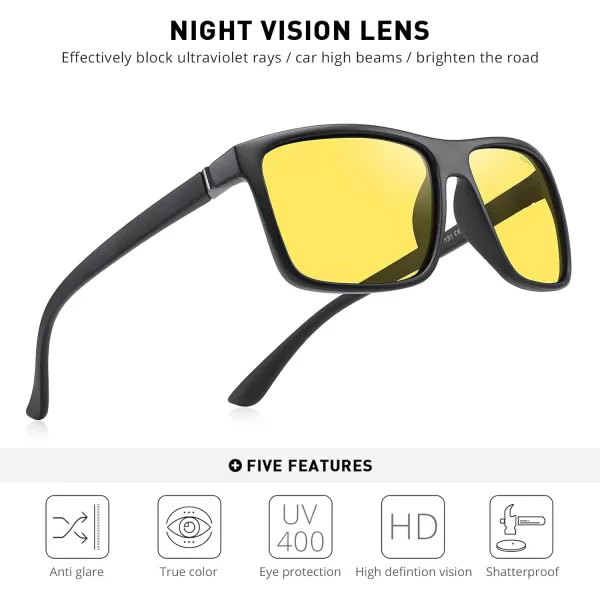 MERRYS Rectangular Polarized Sports Sunglasses for Men Women Cycling Driving Fishing UV400 Protection S8225Matte Black FrameGray MetalNight Vision Lens