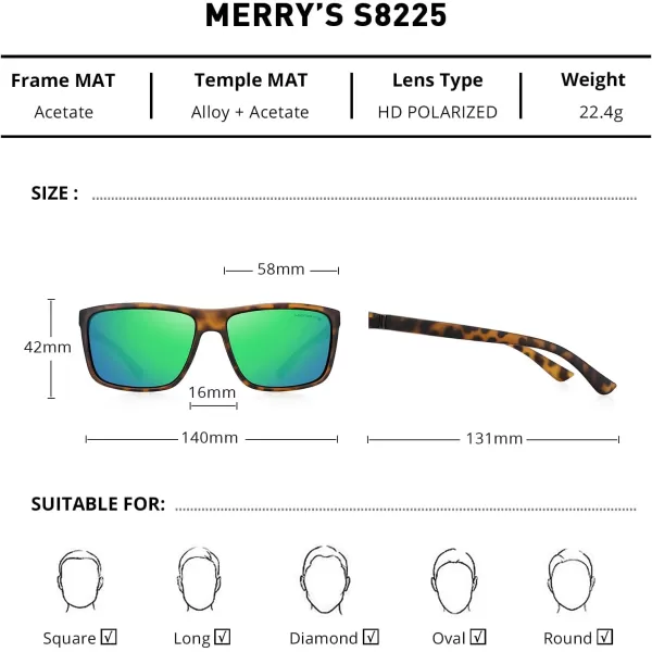MERRYS Rectangular Polarized Sports Sunglasses for Men Women Cycling Driving Fishing UV400 Protection S8225Matte Leopard FrameBrown MetalGreen Mirror Lens
