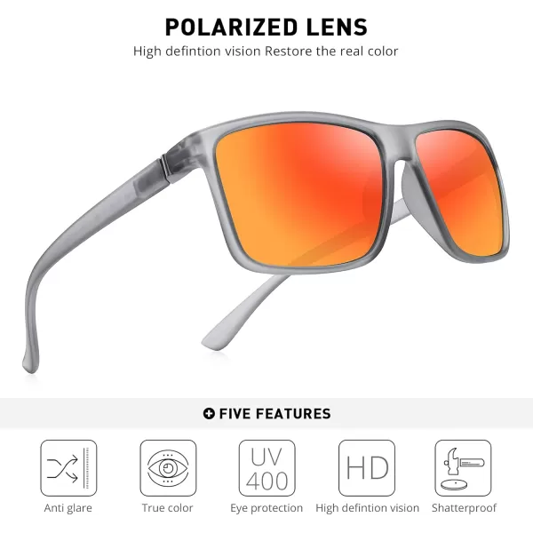 MERRYS Rectangular Polarized Sports Sunglasses for Men Women Cycling Driving Fishing UV400 Protection S8225Matte Tra Gray FrameGray MetalRed Mirror Lens