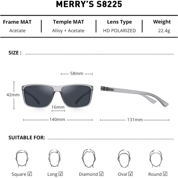 MERRYS Rectangular Polarized Sports Sunglasses for Men Women Cycling Driving Fishing UV400 Protection S8225Tra Gray FrameGray MetalBlack Lens