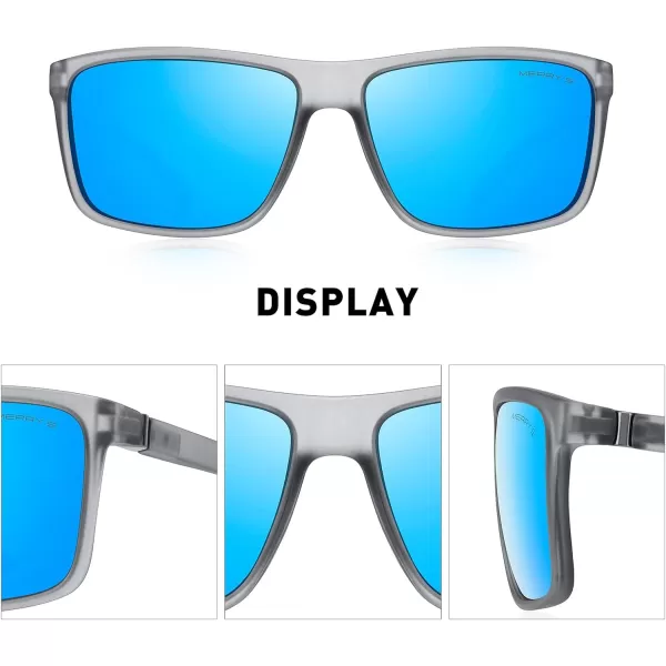 MERRYS Rectangular Polarized Sports Sunglasses for Men Women Cycling Driving Fishing UV400 Protection S8225Tra Gray FrameGray MetalBlue Mirror Lens