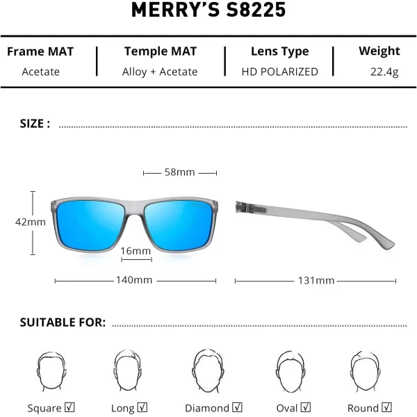 MERRYS Rectangular Polarized Sports Sunglasses for Men Women Cycling Driving Fishing UV400 Protection S8225Tra Gray FrameGray MetalBlue Mirror Lens