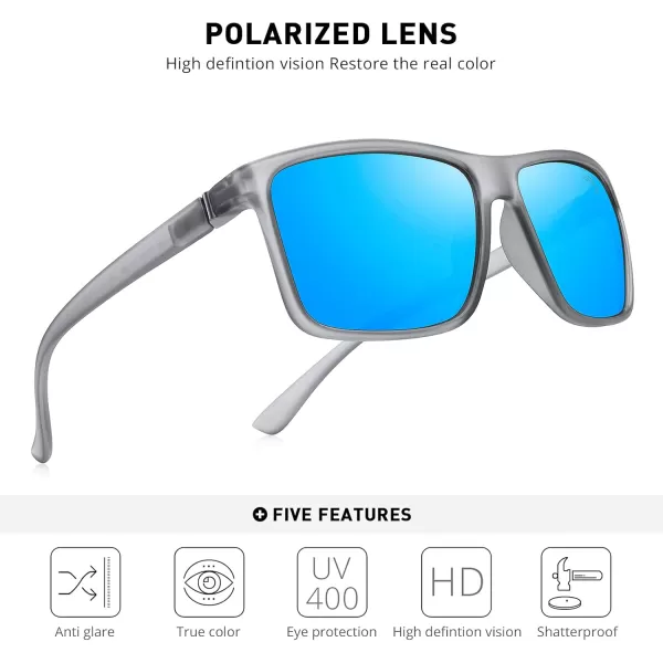 MERRYS Rectangular Polarized Sports Sunglasses for Men Women Cycling Driving Fishing UV400 Protection S8225Tra Gray FrameGray MetalBlue Mirror Lens