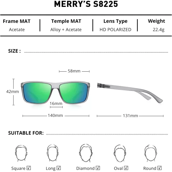 MERRYS Rectangular Polarized Sports Sunglasses for Men Women Cycling Driving Fishing UV400 Protection S8225Tra Gray FrameGray MetalGreen Mirror Lens