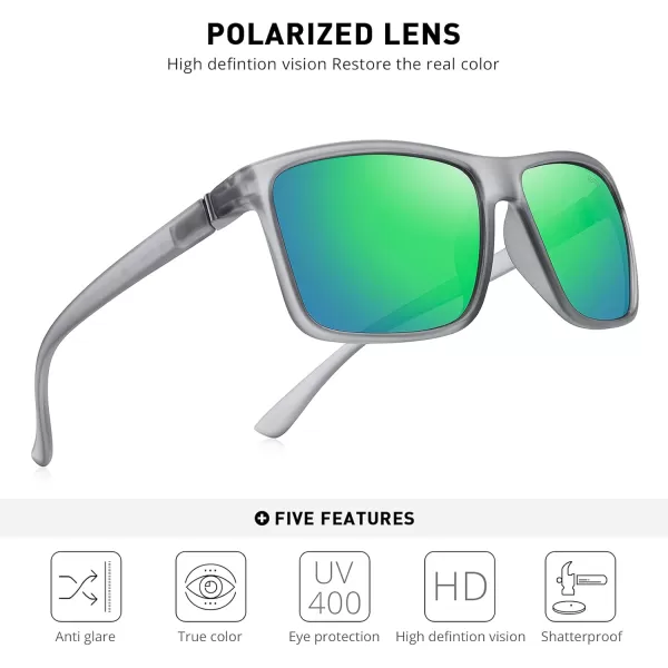 MERRYS Rectangular Polarized Sports Sunglasses for Men Women Cycling Driving Fishing UV400 Protection S8225Tra Gray FrameGray MetalGreen Mirror Lens