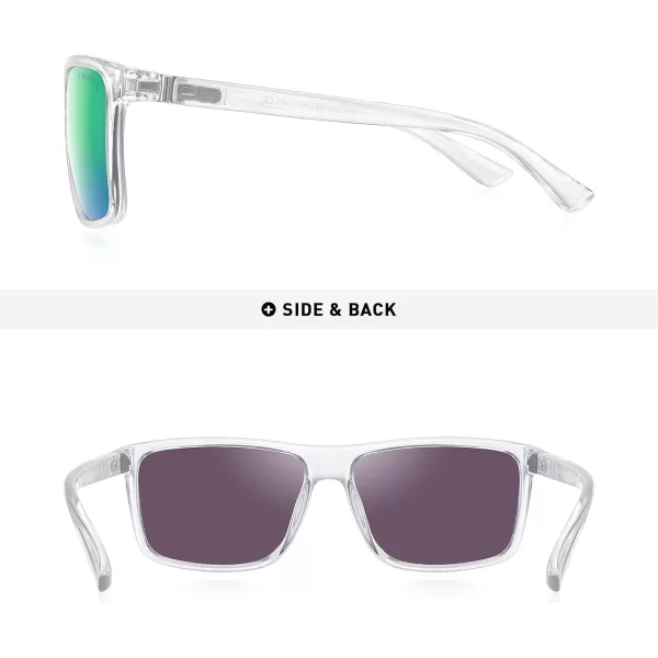 MERRYS Rectangular Polarized Sports Sunglasses for Men Women Cycling Driving Fishing UV400 Protection S8225Transparent FrameSilver MetalGreen Mirror Lens