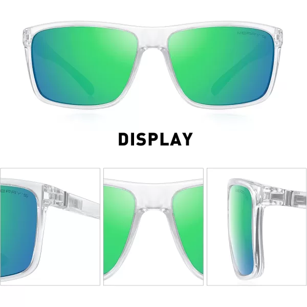 MERRYS Rectangular Polarized Sports Sunglasses for Men Women Cycling Driving Fishing UV400 Protection S8225Transparent FrameSilver MetalGreen Mirror Lens