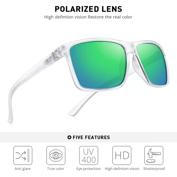 MERRYS Rectangular Polarized Sports Sunglasses for Men Women Cycling Driving Fishing UV400 Protection S8225Transparent FrameSilver MetalGreen Mirror Lens