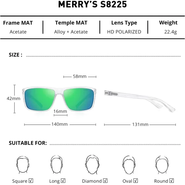 MERRYS Rectangular Polarized Sports Sunglasses for Men Women Cycling Driving Fishing UV400 Protection S8225Transparent FrameSilver MetalGreen Mirror Lens