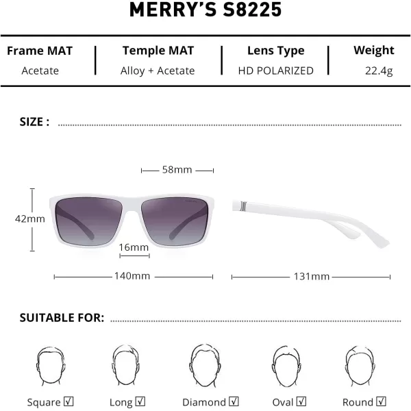 MERRYS Rectangular Polarized Sports Sunglasses for Men Women Cycling Driving Fishing UV400 Protection S8225White FrameSilver MetalGray Gradient Lens
