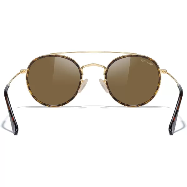 MERRYS Retro Round Polarized Sunglasses  Unisex Double Bridge Sun GlassesLeopard FrameGold BridgeBrown Lens