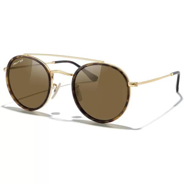 MERRYS Retro Round Polarized Sunglasses  Unisex Double Bridge Sun GlassesLeopard FrameGold BridgeBrown Lens