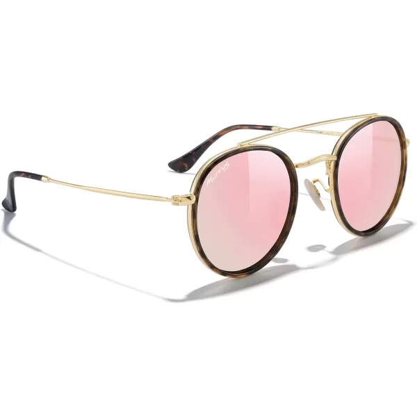 MERRYS Retro Round Polarized Sunglasses  Unisex Double Bridge Sun GlassesLeopard FrameGold BridgePink Mirror Lens