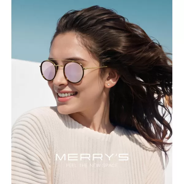 MERRYS Retro Round Polarized Sunglasses  Unisex Double Bridge Sun GlassesLeopard FrameGold BridgePink Mirror Lens