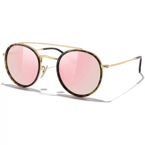 MERRYS Retro Round Polarized Sunglasses  Unisex Double Bridge Sun GlassesLeopard FrameGold BridgePink Mirror Lens