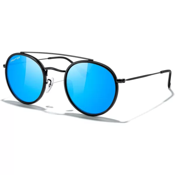 MERRYS Retro Round Polarized Sunglasses  Unisex Double Bridge Sun GlassesMatte Black FrameMatte Black BridgeBlue Mirror Lens