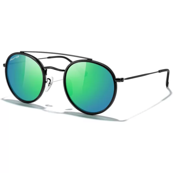 MERRYS Retro Round Polarized Sunglasses  Unisex Double Bridge Sun GlassesMatte Black FrameMatte Black BridgeGreen Mirror Lens