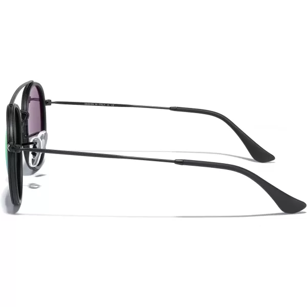 MERRYS Retro Round Polarized Sunglasses  Unisex Double Bridge Sun GlassesMatte Black FrameMatte Black BridgeGreen Mirror Lens