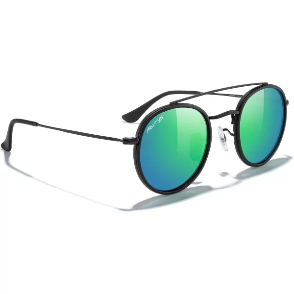 MERRYS Retro Round Polarized Sunglasses  Unisex Double Bridge Sun GlassesMatte Black FrameMatte Black BridgeGreen Mirror Lens