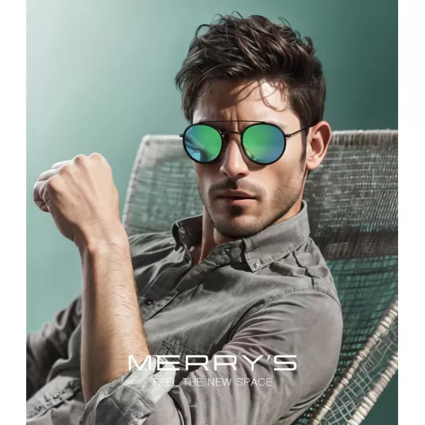 MERRYS Retro Round Polarized Sunglasses  Unisex Double Bridge Sun GlassesMatte Black FrameMatte Black BridgeGreen Mirror Lens