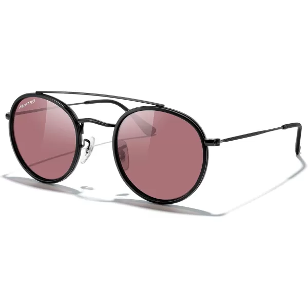 MERRYS Retro Round Polarized Sunglasses  Unisex Double Bridge Sun GlassesMatte Black FrameMatte Black BridgeRed Lens