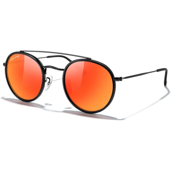 MERRYS Retro Round Polarized Sunglasses  Unisex Double Bridge Sun GlassesMatte Black FrameMatte Black BridgeRed Mirror Lens