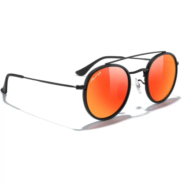 MERRYS Retro Round Polarized Sunglasses  Unisex Double Bridge Sun GlassesMatte Black FrameMatte Black BridgeRed Mirror Lens
