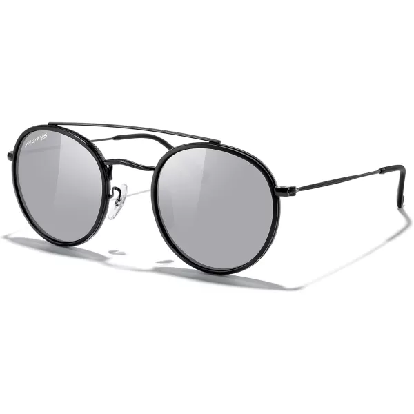 MERRYS Retro Round Polarized Sunglasses  Unisex Double Bridge Sun GlassesMatte Black FrameMatte Black BridgeSilver Mirror Lens