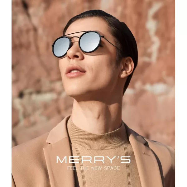 MERRYS Retro Round Polarized Sunglasses  Unisex Double Bridge Sun GlassesMatte Black FrameMatte Black BridgeSilver Mirror Lens