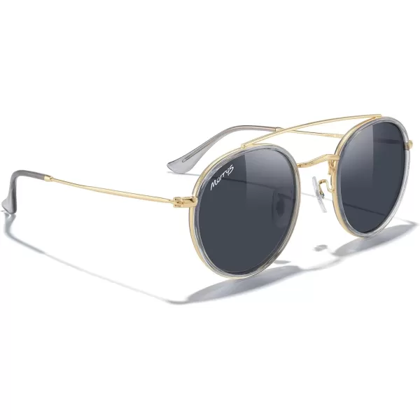 MERRYS Retro Round Polarized Sunglasses  Unisex Double Bridge Sun GlassesTra Gray FrameGold BridgeBlack Lens