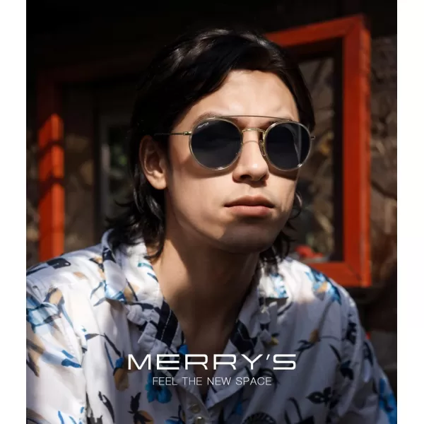 MERRYS Retro Round Polarized Sunglasses  Unisex Double Bridge Sun GlassesTra Gray FrameGold BridgeBlack Lens