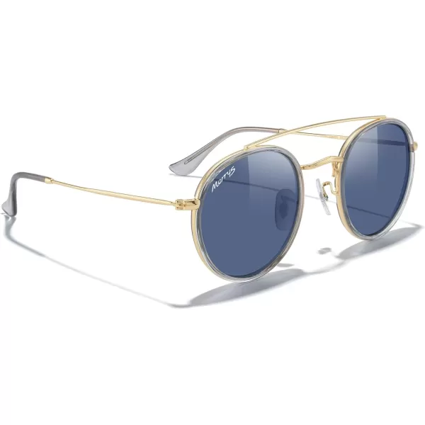 MERRYS Retro Round Polarized Sunglasses  Unisex Double Bridge Sun GlassesTra Gray FrameGold BridgeBlue Lens