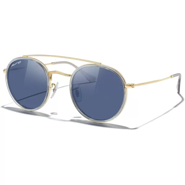 MERRYS Retro Round Polarized Sunglasses  Unisex Double Bridge Sun GlassesTra Gray FrameGold BridgeBlue Lens