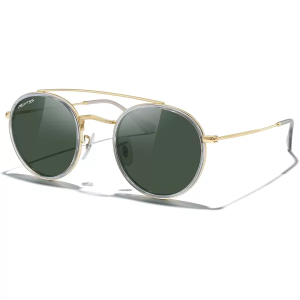 MERRYS Retro Round Polarized Sunglasses  Unisex Double Bridge Sun GlassesTra Gray FrameGold BridgeG15 Lens