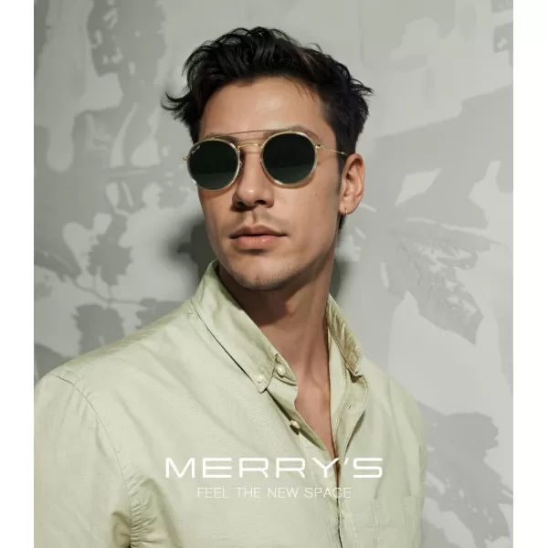 MERRYS Retro Round Polarized Sunglasses  Unisex Double Bridge Sun GlassesTra Gray FrameGold BridgeG15 Lens