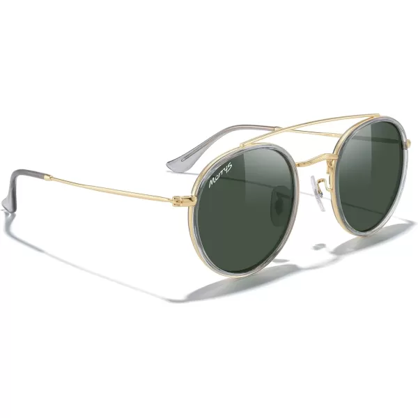 MERRYS Retro Round Polarized Sunglasses  Unisex Double Bridge Sun GlassesTra Gray FrameGold BridgeG15 Lens
