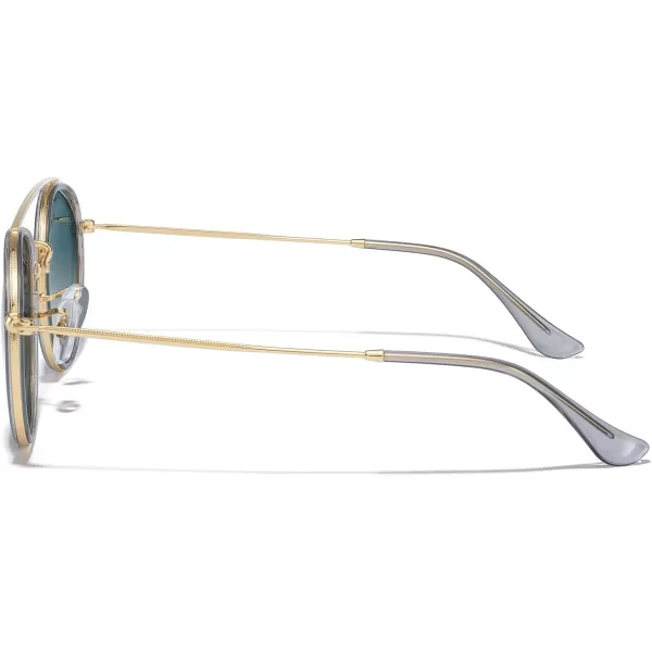 MERRYS Retro Round Polarized Sunglasses  Unisex Double Bridge Sun GlassesTra Gray FrameGold BridgeGreen Gradient Lens