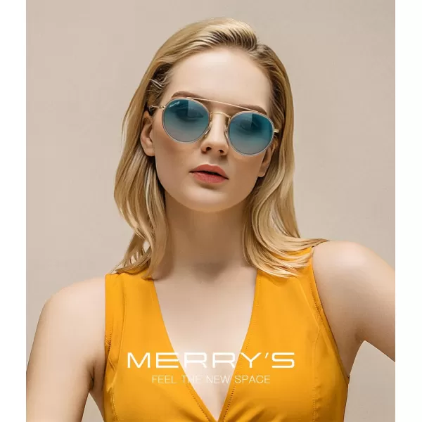 MERRYS Retro Round Polarized Sunglasses  Unisex Double Bridge Sun GlassesTra Gray FrameGold BridgeGreen Gradient Lens