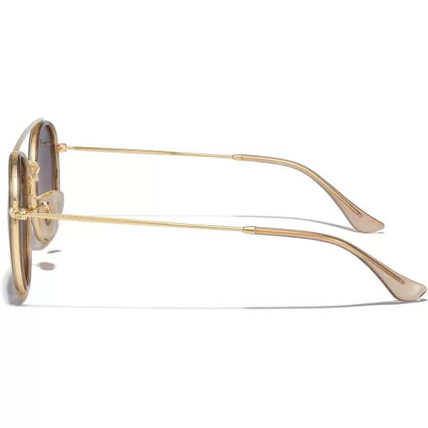 MERRYS Retro Round Polarized Sunglasses  Unisex Double Bridge Sun GlassesTra Yellow FrameGold BridgeBrown Gradient Lens