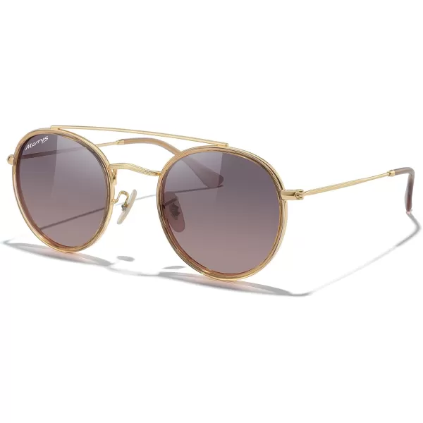 MERRYS Retro Round Polarized Sunglasses  Unisex Double Bridge Sun GlassesTra Yellow FrameGold BridgeBrown Gradient Lens