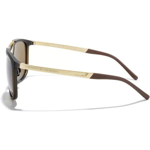 MERRYS Square Polarized Sunglasses for Men Women Vintage Double Bridge Sunglasses Mirrored LensBrown FrameGold BridgeBrown Lens