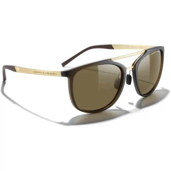 MERRYS Square Polarized Sunglasses for Men Women Vintage Double Bridge Sunglasses Mirrored LensBrown FrameGold BridgeBrown Lens