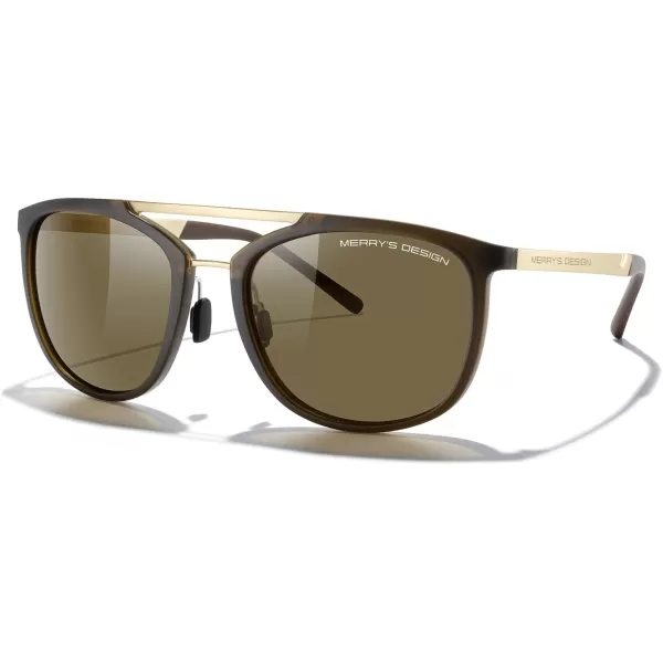 MERRYS Square Polarized Sunglasses for Men Women Vintage Double Bridge Sunglasses Mirrored LensBrown FrameGold BridgeBrown Lens