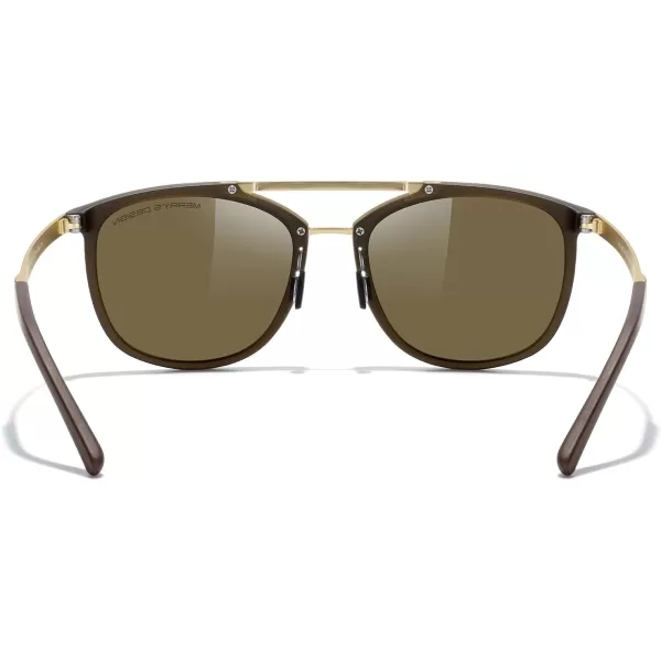 MERRYS Square Polarized Sunglasses for Men Women Vintage Double Bridge Sunglasses Mirrored LensBrown FrameGold BridgeBrown Lens