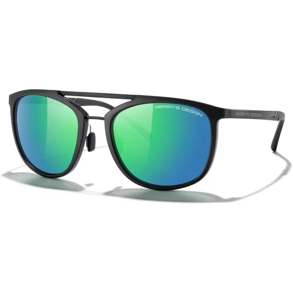 MERRYS Square Polarized Sunglasses for Men Women Vintage Double Bridge Sunglasses Mirrored LensMatte Black FrameMatte Black BridgeGreen Mirror Lens