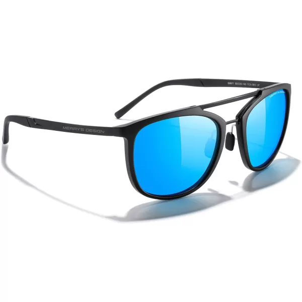 MERRYS Square Polarized Sunglasses for Men Women Vintage Double Bridge Sunglasses Mirrored LensMatte Black FrameMatte Black BridgeSky Blue Mirror Lens